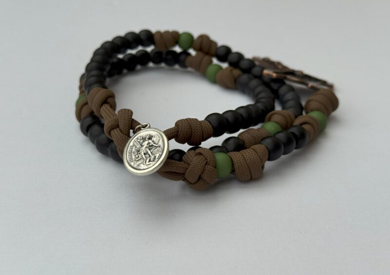 Brown Rope Rosary with Black Primary and Green Secondary Beads